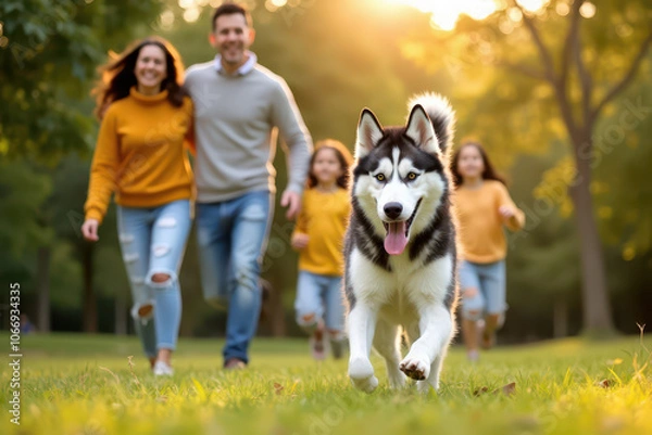 Fototapeta A warm outdoor photograph of a family with a husky running toward forward, surrounded by a sunlit park and trees, showcasing a joyful atmosphere.