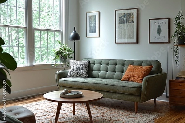 Fototapeta Mid century Modern Interiors in a residential living room with mint-colored sofas and interior accessories. Generative AI
