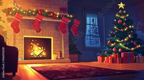 Fototapeta Warm and Cozy Christmas Scene with Fireplace and Gifts