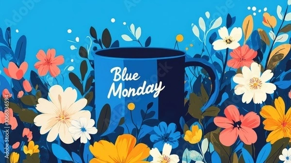 Obraz Blue mug with blue monday text surrounded by vibrant flowers and leaves on bright background - concept of blue monday