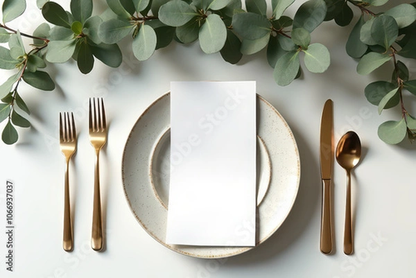 Fototapeta Vertical blank empty card manu mockup with festive wedding or birthday table setting with golden cutlery, eucalyptus, elegant ceramic plate on a white clean surface. Restaurant menu concept. Flat lay,