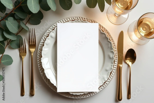 Fototapeta Vertical blank empty card manu mockup with festive wedding or birthday table setting with golden cutlery, eucalyptus, elegant ceramic plate on a white clean surface. Restaurant menu concept. Flat lay,