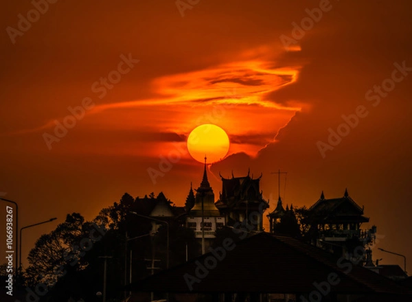 Obraz Thai temples and sunset and golden light
