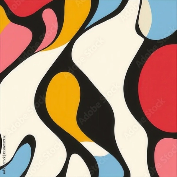 Fototapeta Retro inspired abstract waves with thick black outlines create vibrant and dynamic composition. interplay of colors evokes sense of movement and energy