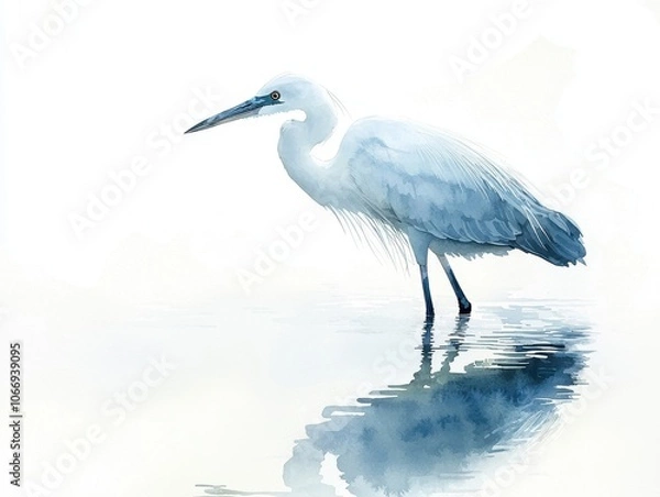 Obraz Elegant watercolor painting of a heron standing in calm water, with soft reflections creating a tranquil and serene atmosphere.