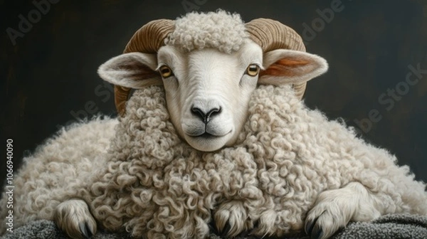 Obraz Majestic ram posing with thick, curly wool in a studio setting