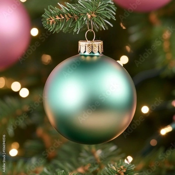 Fototapeta A single green bauble hangs on a Christmas tree with twinkling lights.