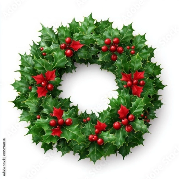 Obraz Festive holly wreath with red berries and bow on white background.