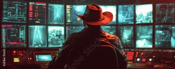 Fototapeta Mysterious hacker in cowboy hat monitoring multiple screens in dark room
