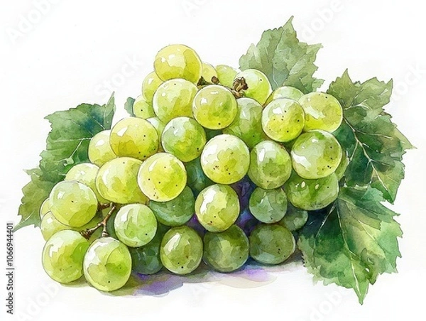 Fototapeta A watercolor painting of a bunch of green grapes with vibrant leaves, capturing fresh fruit and natural detail in a botanical style.
