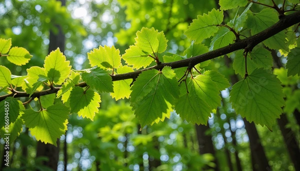 Fototapeta Close-up of fresh green leaves in sunlight