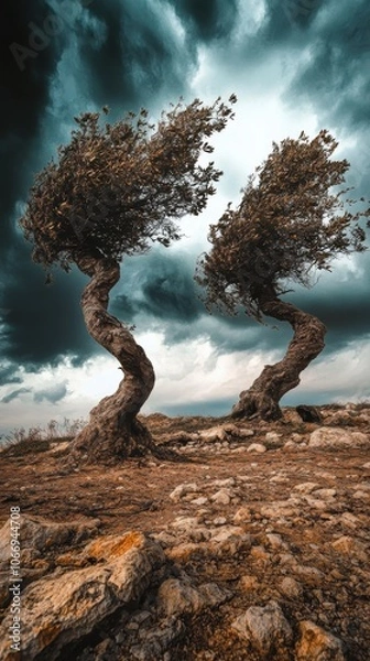 Obraz Two olive trees resisting the wind under a dramatic cloudy sky