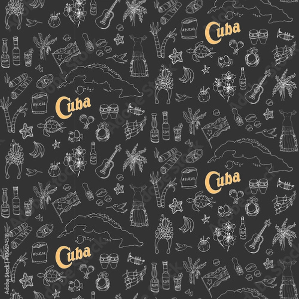 Fototapeta Seamless background Set of hand drawn Cuba icons Cuban sketch illustration Doodle elements Caribbean cartoon elements made in vector Travel to Cuba; background for cards and web pages