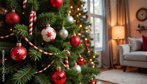 Fototapeta Christmas Tree Decorated with Red and White Ornaments