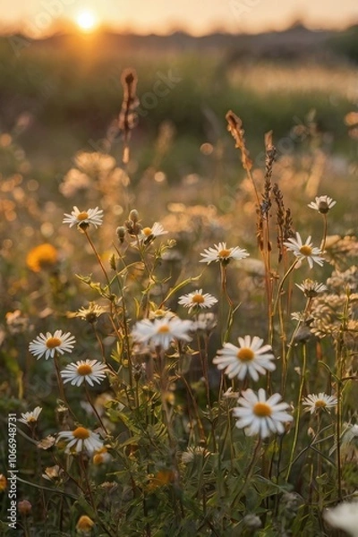 Fototapeta Field of tall grasses and wildflowers under warm sunset light