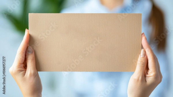 Fototapeta A person holds a blank card for creative presentation in a professional setting