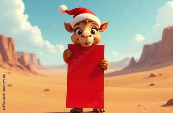 Fototapeta A young camel stands in the middle of the desert wearing a santa hat and holding a large blank poster in red, space for text. Cartoon. Christmas, New Year