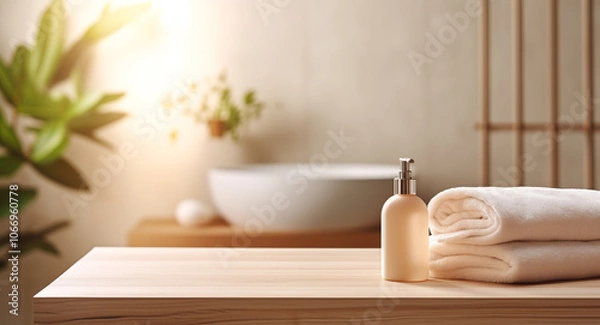 Fototapeta Wooden tabletop, empty podium product display, over blurred bathroom window background with shampoo, cream, towels, mirror.