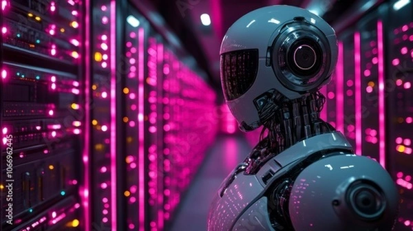Fototapeta Robot monitoring server room with pink and purple lights