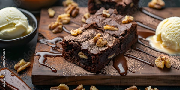 Fototapeta Rustic walnut brownies with vanilla ice cream, caramel sauce, and cocoa powder dusting for dessert