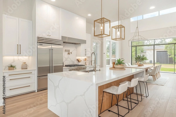 Obraz A large kitchen with a white marble countertop and a white refrigerator