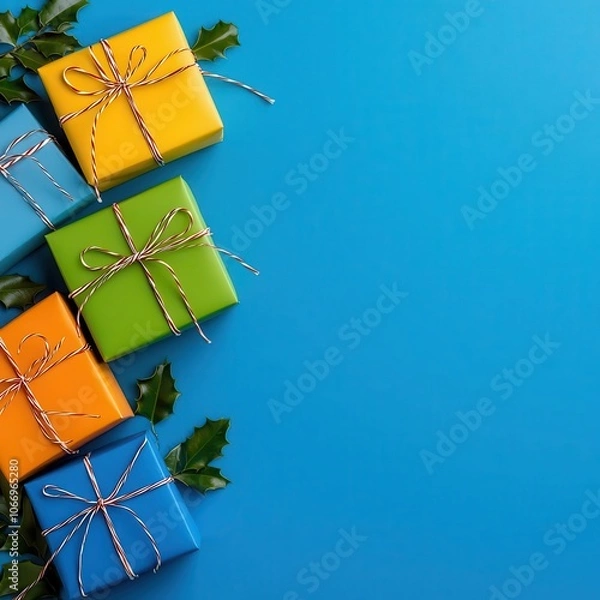 Fototapeta Colorful gift boxes on a blue background, festive and cheerful atmosphere.