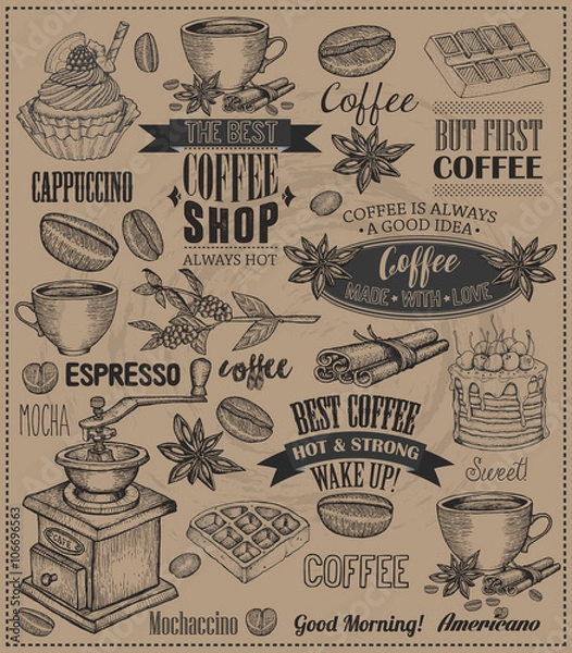 Fototapeta Set Of Vintage Retro Coffee Labels On Chalkboard . Dessert cake, cupcake, chocolate decoration collection of calligraphic and typographic element styled design, frame, objects. Vector