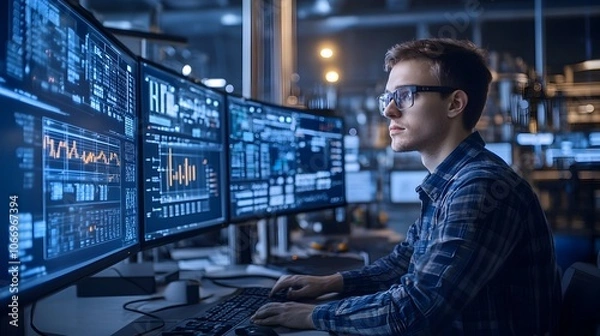 Fototapeta Intensely Focused Engineer Monitoring Advanced Data Displays in Modern Control Room