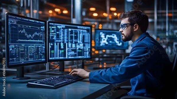 Fototapeta Skilled Engineer Analyzing Comprehensive Data Screens in High-Tech Control Room Environment