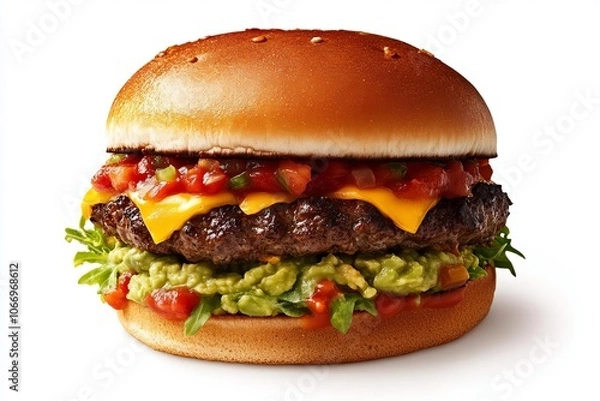Fototapeta A Southwestern burger with guacamole, pepper jack cheese, and salsa, set against a white background, bold and flavorful