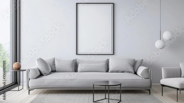 Fototapeta A modern living room with a large. empty picture frame. a comfortable armchair. a small table. and a potted plant in the corner