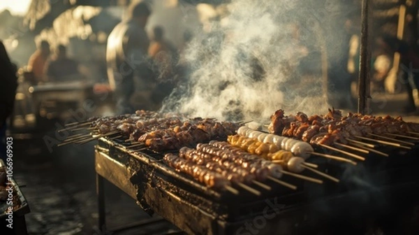 Fototapeta Skewers of meat being roasted on the street