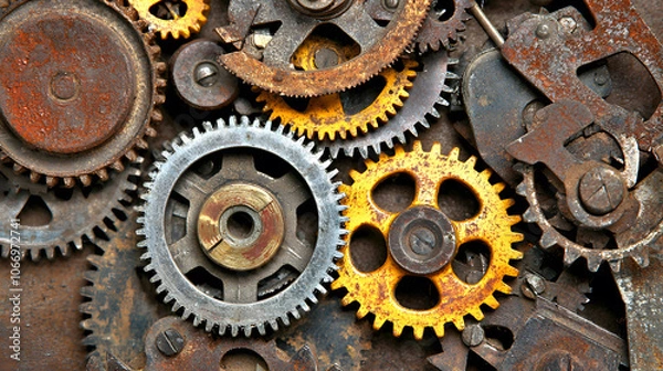 Fototapeta Rusty gears with a mix of gold and silver tones