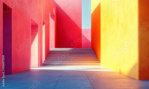 Fototapeta Abstract render of geometric urban forms with bold lines and shadows, modern architecture, 3D illustration