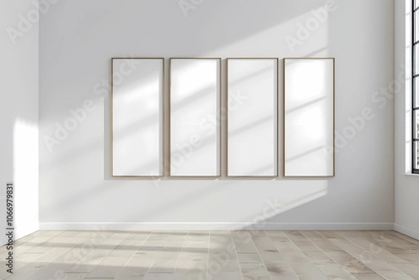Fototapeta A bright, minimalist room featuring four empty, framed canvases arranged on a white wall, illuminated by soft natural light.