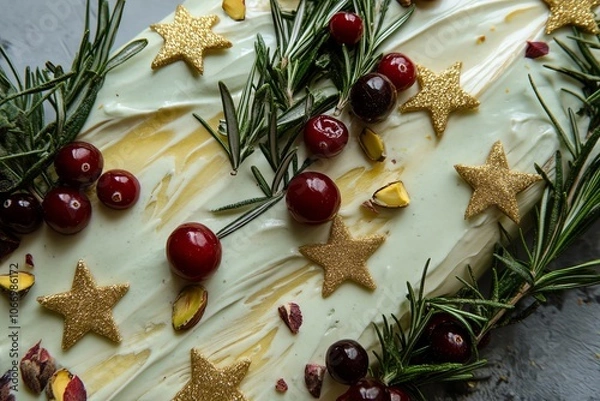 Fototapeta Bûche de Noël pistache et vanille décorée d'étoiles dorées comestibles, brins de romarin frais et canneberges confites, pour un dessert luxueux de fête..