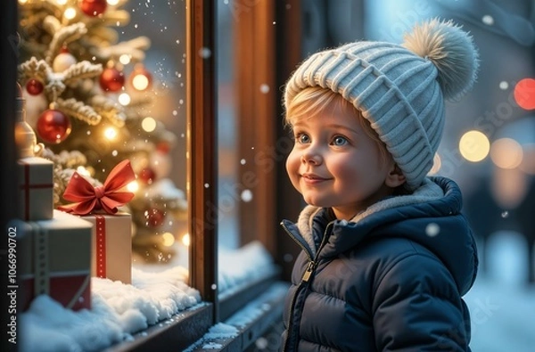 Fototapeta Adorable boy kid looking through the display window at Christmas decoration in the shop, new year, holyday,banner