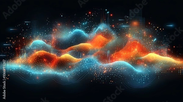 Fototapeta Abstract digital landscape with glowing blue and orange waves on a dark background.
