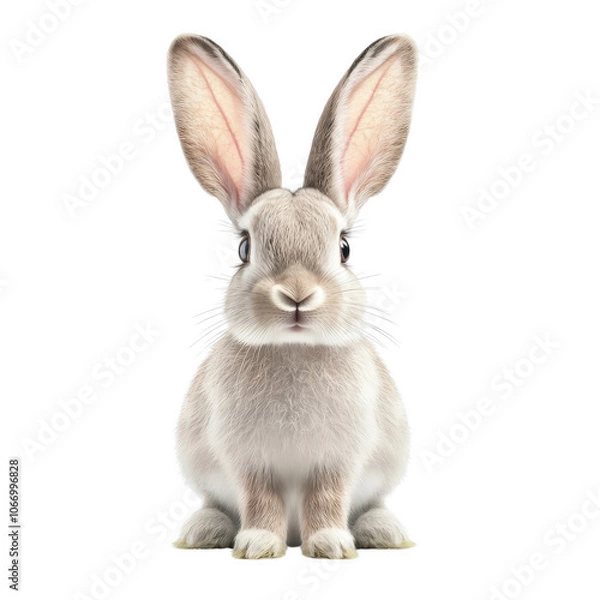 Fototapeta Rabbit with ears up and looking at the camera. Rabbit is sitting on a transparent background.