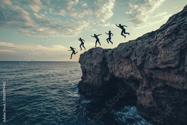 Fototapeta A group of people are jumping off a cliff into the ocean