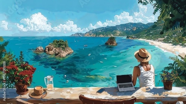 Fototapeta Traveler working on a laptop in a beach café, combining work and travel