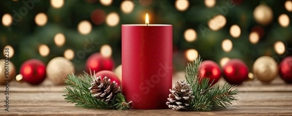 Fototapeta A festive red candle surrounded by pine cones and greenery, set against a blurred backdrop of colorful lights, perfect for holiday decor.
