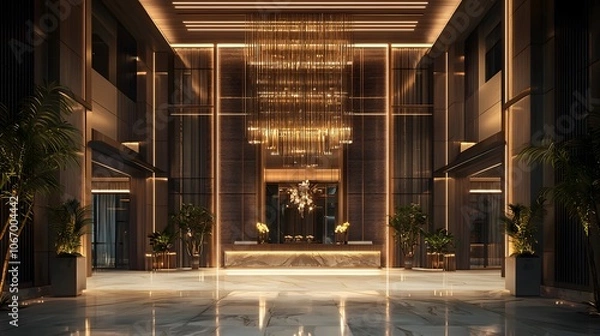 Fototapeta A Beautiful Entrance to a Luxury Hotel with a Gleaming Chandelier 