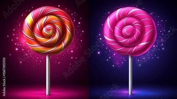 Fototapeta Two colorful lollipops, one red and orange, the other pink, with swirling designs on a dark background with glitter.