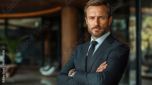 Fototapeta A confident businessman in a suit stands with arms crossed, exuding professionalism in a modern office setting.