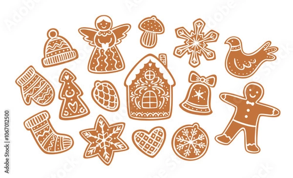 Fototapeta Christmas gingerbread cookies set. Holiday homemade xmas bakery in various shapes. Flat vector illustrations collection isolated on white background