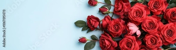 Fototapeta A vibrant bouquet of red roses, elegantly arranged on a soft blue background, creating a striking contrast.