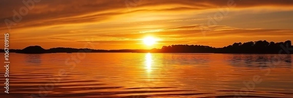 Fototapeta The setting sun casts a golden glow on the still sea, with trees silhouetted against the vibrant sky's warm hues.