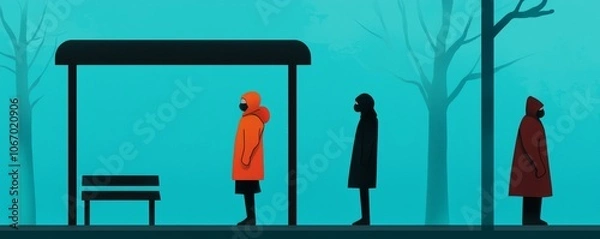 Obraz A minimalist illustration of people waiting at a bus stop, featuring distinct silhouettes in an atmospheric, cool-toned setting.