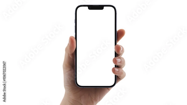 Obraz hand holding smart phone, modern smartphone with transparent screen in left hand on transparent background, smartphone in hand, png mockup for any background and any image on the screen